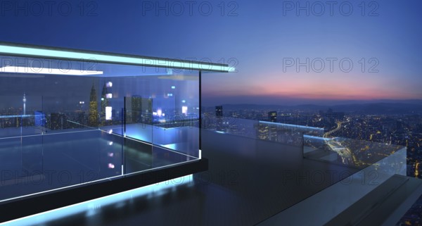 3D rendering of a modern glass balcony with city skyline real photography background, early morning scene . Mixed media