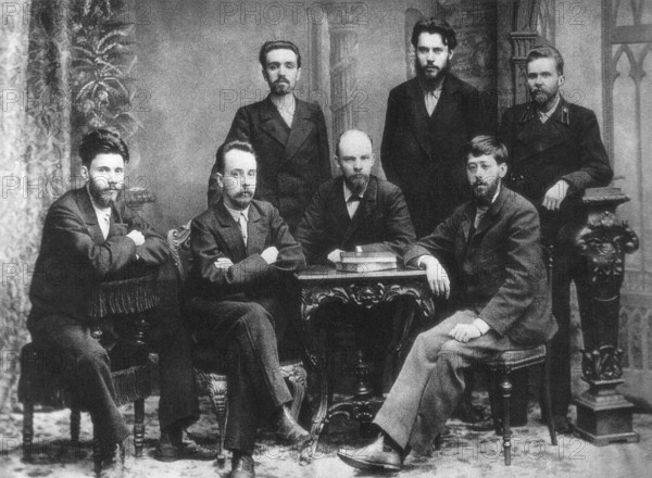 Julius Martov or L. Martov, real name Yuli Osipovich Zederbaum (November 24, 1873 – April 4, 1923) was born in Istanbul in 1873.<br/><br/> The son of Jewish middle class parents, he became the leader of the Mensheviks in early twentieth century Russia.<br/><br/> This image, taken by Nadezhda Konstantinovna Krupskaya (1869-1939) at St Petersburg in 1897, shows (left to right) standing: A.L. Malchenko, P. K. Zaporozhets, A. A. Vaneyev, and seated: V. V. Starkov, G. M. Krzhizhanovsky, V. I. Ulyanov (Lenin) and Julius Martov