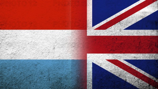 National flag of United Kingdom (Great Britain) Union Jack with Luxembourg National flag. Grunge background