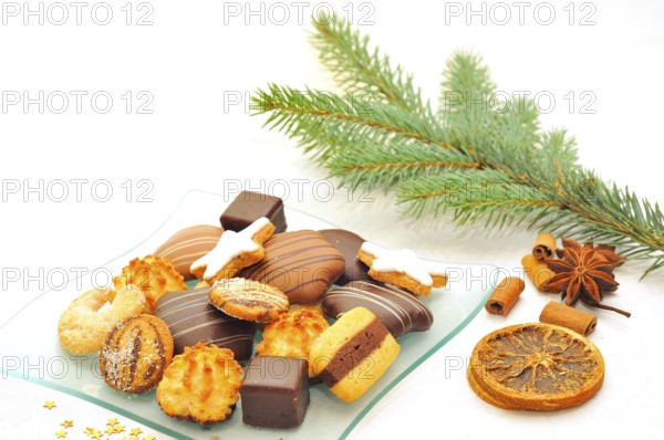 Christmas cookies on a glass plate. Christmas biscuits with decoration