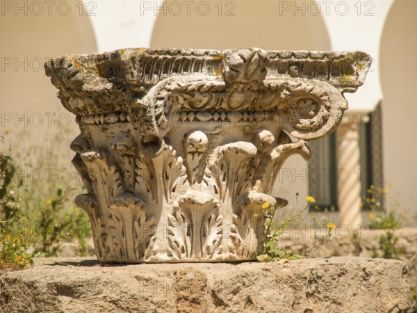 Detail of an ancient stone sculpture in the sun in front of a white building, Tunis, Tunisia