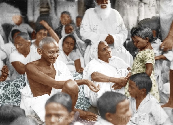 Mahatma and Kasturba Gandhi with Harijan children, Kathiawad, India, Asia, July 1, 1934