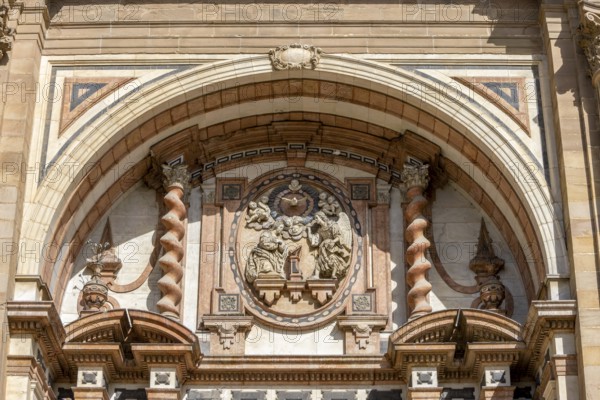 Baroque façade from the 16th century of the Catholic Cathedral, Santa Iglesia Catedral Basílica de la Encarnación, Malaga, Andalusia, Spain