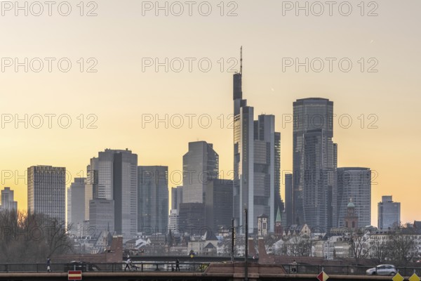 View over the river Main with a modern skyline in the background in the evening, at sunset. Beautiful overview of the city and its surroundings in Frankfurt, Hesse