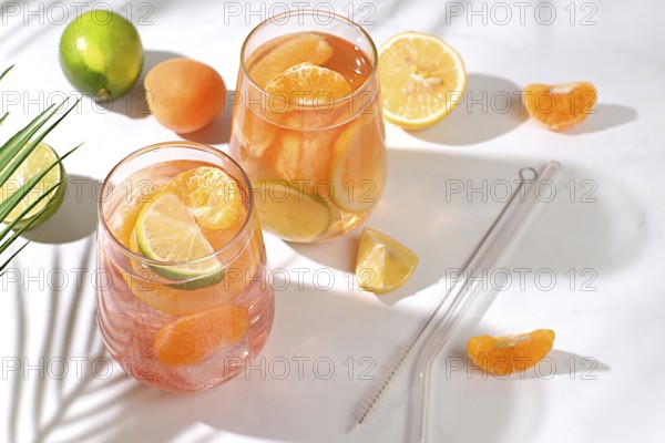 Summer party and healthy lifestyle advertising banner, diet vegan cocktail with chia seeds, lime, lemon, mint and apricots. Detox diet and weight loss concept, Menu for cafe and restaurant