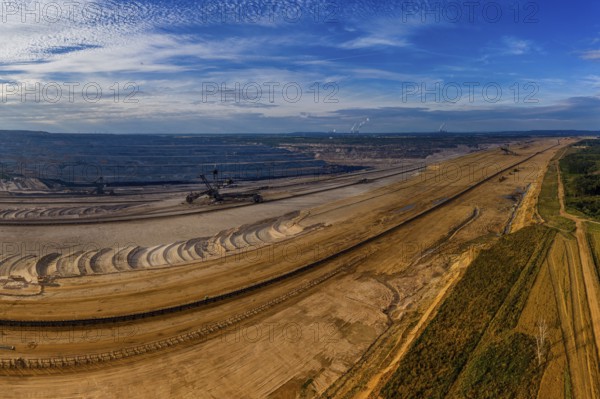 Panoramic view of Hambach surface mine and Hambach Forest, Germany. Drone photography