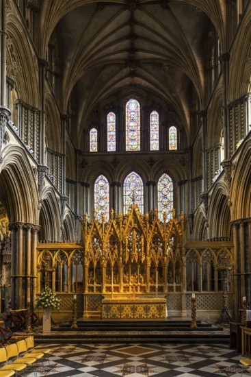 Ely, United Kingdom - 12 June, 2022: interior view of the Ely Cathedral with the choir and altar in detail