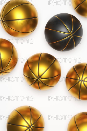 Many golden basketballs with a black basketball on a bright background, 3d rendering
