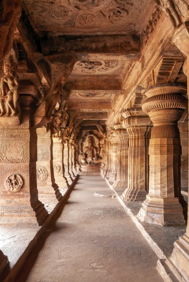 Cave 3 dedicated to Vishnu, is the largest and most elaborate in Badami, Karnataka, South India, India, Asia