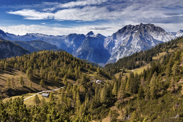 View from the Hagen mountains towards Watzmann in Berchtesgadener Land, Bavaria, Germany, in autumn