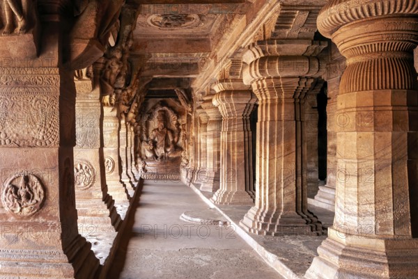 6th century Cave 3 dedicated to Vishnu, is the largest and most elaborate in Badami, Karnataka, South India, India, Asia