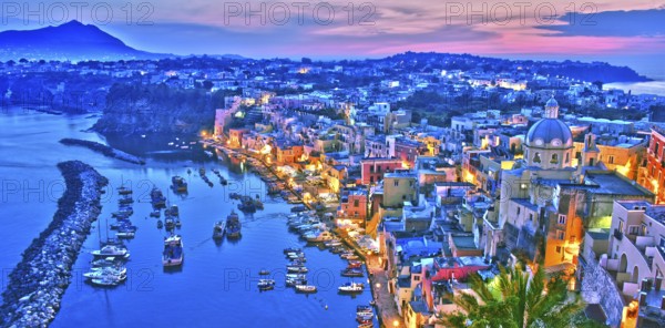 Panoramic view of Procida Island, a comune of the Metropolitan City of Naples, Campania, Italy