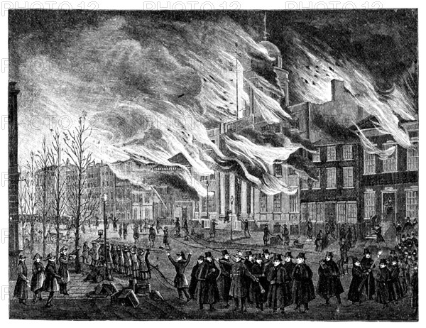 The Great Fire of New York in 1835. Vintage engraving from Harpers Monthly magazine 1881. by the virtue of age