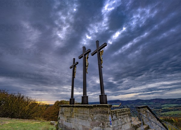 Crucifixion group, three crosses on the Kreuzberg in the Rhön, 12th station of the Way of the Cross from the Kreuzberg monastery, which is modelled on the Way of the Cross in Jerusalem, Bischofsheim i.d.Rhön, Bavaria, Germany