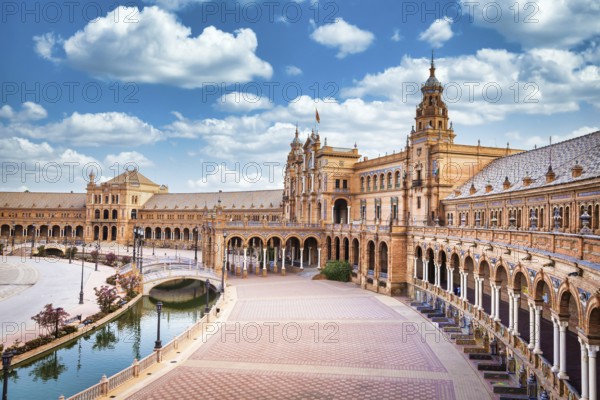 Spain, Seville. Spain Square, a landmark example of the Renaissance Revival style in Spanish architecture