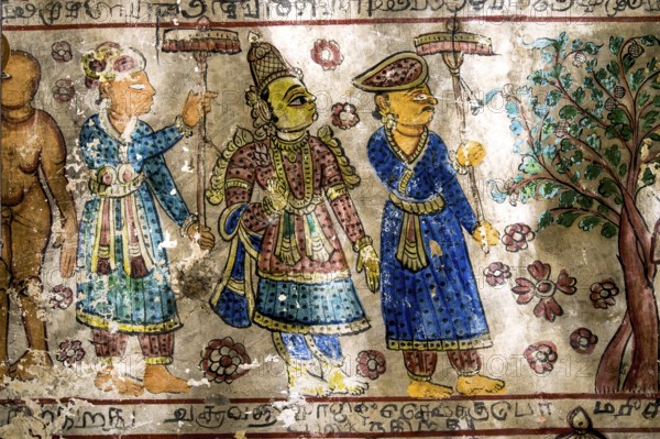 18th century Murals frescos paintings in Adinath Jain temple at Vidur village near Tindivanam, Tamil Nadu, South India, India, Asia