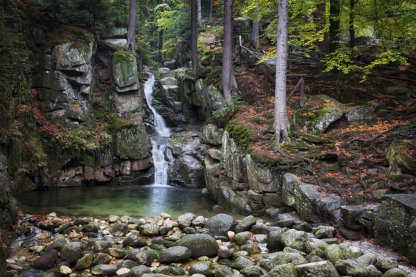 Waterfall in autumn forest of Karkonosze Mountains, Przesieka, Poland