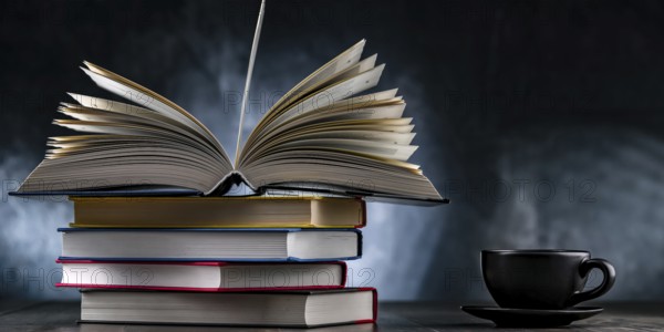 A composition with books and a cup of coffee