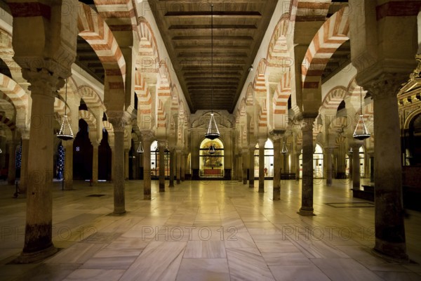 Hypostyle Prayer Hall in the Mezquita (The Great Mosque) with columns of jasper, onyx, marble, and granite supporting double arches in Cordoba, Spain