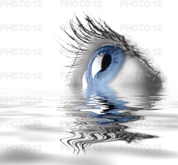Blue female eye macro photography. Eyesight vision biometrics concept. Digital art effect of reflection in the water