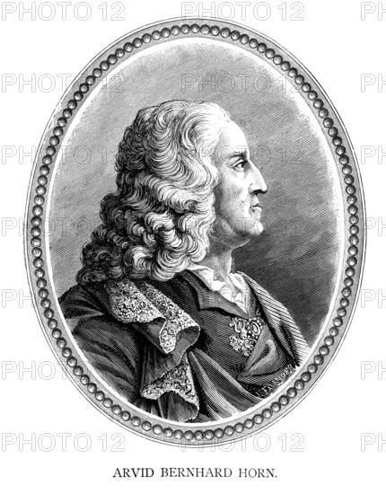 Count Arvid Bernhard Horn of Ekebyholm (April 6) (1664 ? April 17) (1742) was a Swedish soldier, diplomat and politician. He served twice as President of the Privy Council Chancellery (1710?1719 and 1720?1738) and was one of the leading figures of the Swedish Age of Liberty. Engraving by Ida Falander (1842-1927), published in Starbäck, Bäckström: Berättelser ur Svenska Historien ca 1880