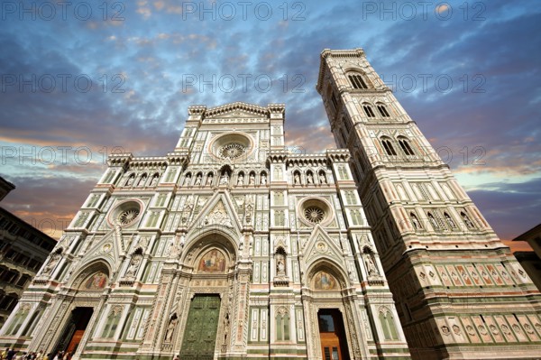 Facade of the the Gothic-Renaissance Duomo of Florence, Basilica of Saint Mary of the Flower; Firenza (Basilica di Santa Maria del Fiore) built between 1293 & 1436. Italy