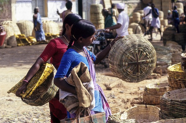 A woman checking the bamboo basket quality for purchasing at Thudiyalur, Coimbatore, Tamil Nadu, South India, India, Asia