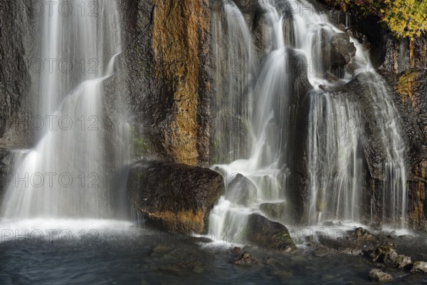 Waterfall Hraunfossar, river Hvita, Iceland, Europe