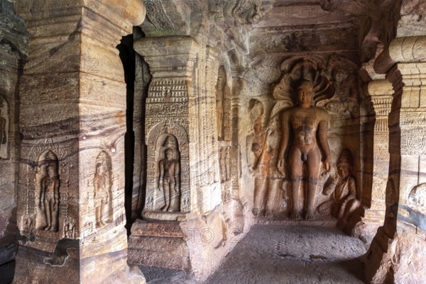 8th century Bahubali in Cave 4, Badami Jain cave temple in Badami, Karnataka, South India, India, Asia