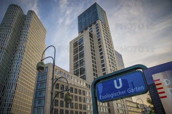 Berlin, Germany, June 2022: View on skyscrapers on Zoologischer Garten U-bahn or metro station with Waldorf Astoria hotel