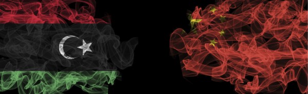 Flags of Libya and China on Black background, Libya vs China Smoke Flags