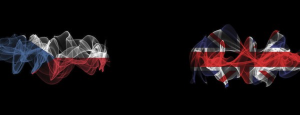 Flags of Czech Republic and United Kingdom on Black background, Czech Republic vs United Kingdom Smoke Flags