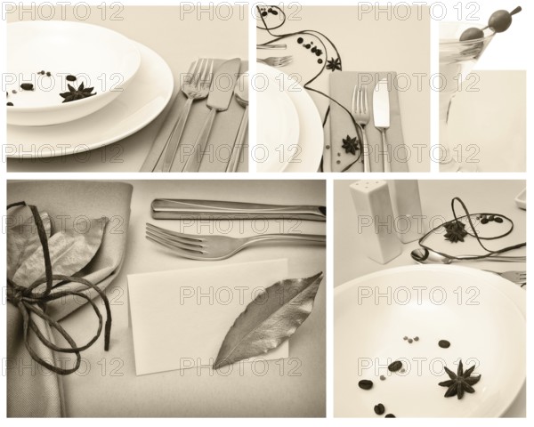 Restaurant set: creative table serving with spice, decoration and dishware
