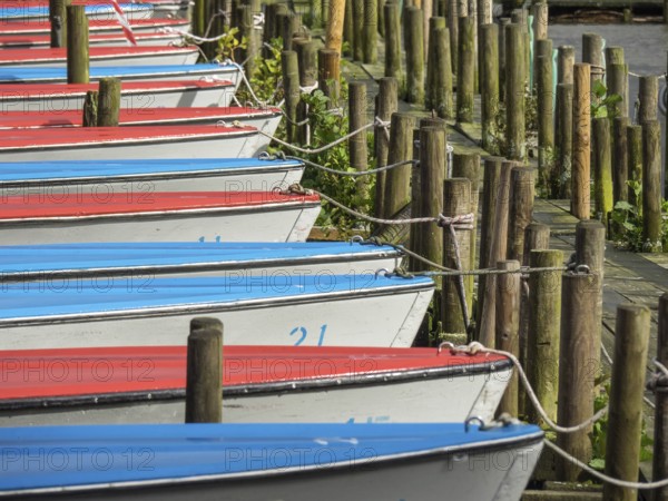 Several boats in red and blue moored at a jetty in the harbour, Bad Zwischenahn, ammerland, germany