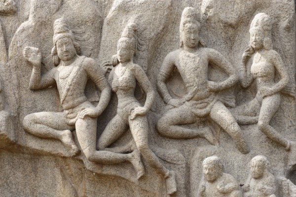Descent of Ganga, bas-relief, detail, Detailed stone relief with dancing figures in dynamic pose, Mahabalipuram, Tamil Nadu, South India, India