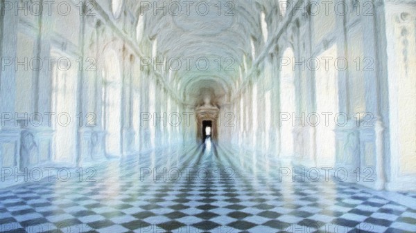 Creative illustration of Reggia di Venaria Reale gallery, Italy. Luxury marbles in baroque Royal Palace