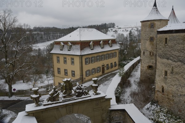 Medieval battlements at Comburg Castle, Benedictine monastery, Way of St James, Kocher Valley, Kocher, Schwäbisch Hall, Hohenlohe, Germany