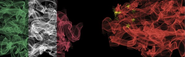 Flags of Italy and China on Black background, Italy vs China Smoke Flags