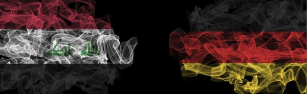 Flags of Iraq and Germany on Black background, Iraq vs Germany Smoke Flags