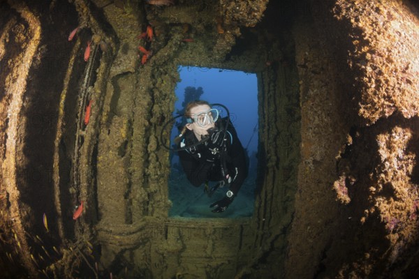 Divers at the stern of the Maldive Victory wreck, Hulhule, North Male Atoll, Maldives