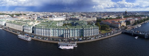 Aerial panorama of the Neva River, Hermitage, Winter Palace, Admiralty, the city center of St. Petersburg, Russia