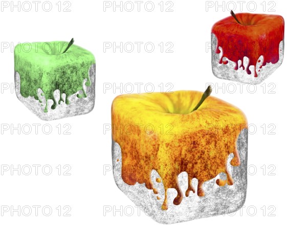 Three multicolored square apples over the white background