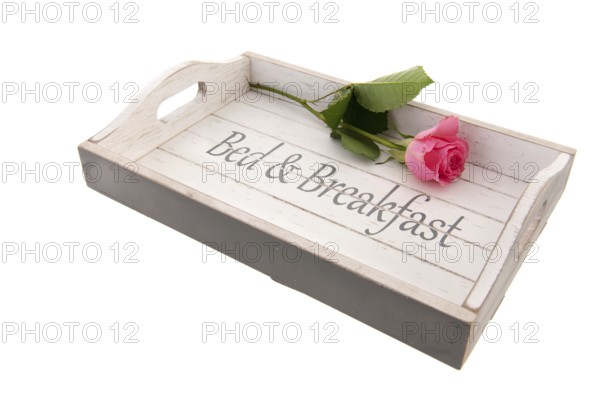 Wooden tray for bed and breakfast with pink rose