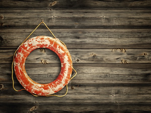 Lifebuoy at wooden background, copyspace for your text