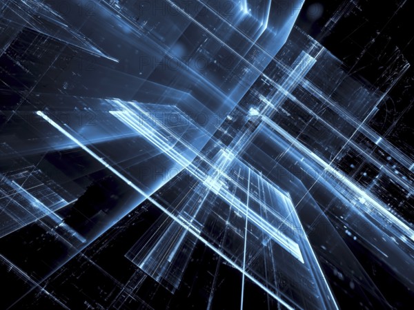 Blue tecnology background - abstract computer-generated image. Digital art: futuristic design with inclined glass walls. For banners, covers, posters