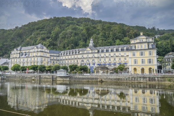 River Lahn, Häckers Grand Hotel in the former Kurhaus, Römerstraße, Bad Ems, Rhineland-Palatinate, Germany