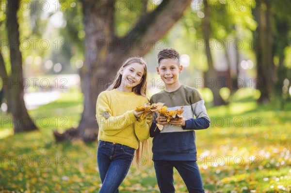 Happy Caucasian siblings enjoying in autumn day in park, sunny weather. Kids having fun holding fallen yellow leaves in nature. Funny twins in autumn park. Autumnal mood. Teenagers posing embracing