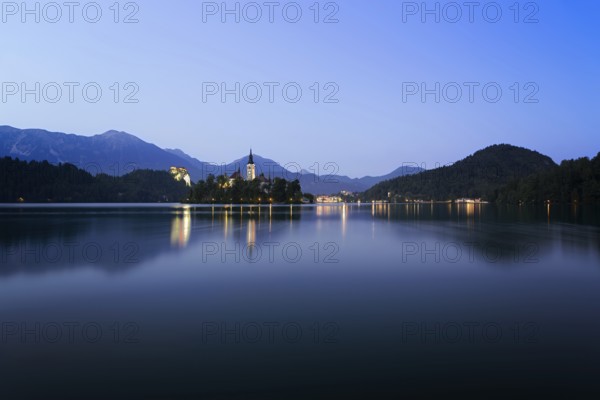 Dawn at lake Bled with blue skies, Slovenia