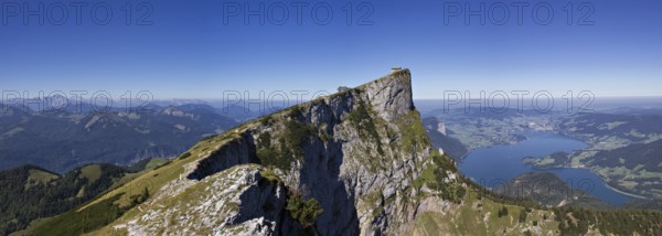 Panorama of the Schafberg from the Spinnerin with Lake Mondsee in the distance, Austria