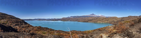 Panoramic photo of a turquoise-coloured lake with surrounding mountains under a blue sky, The landscape of Torres del Paine National Park in Patagonia Chile